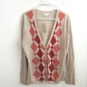 New York Co. Cardigan Sweater Argyle XL Beige Button Front Lightweight Office